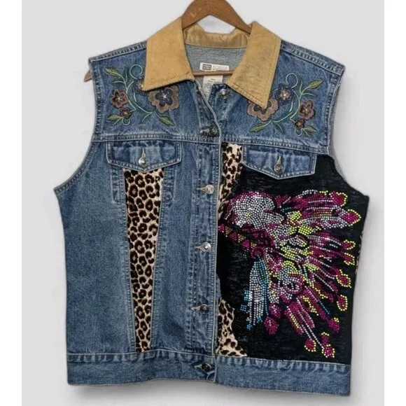 Vtg Womens Large Vest Denim Buffalo Cheetah Embroidery Fringe Bling‎ War Bonnet - Picture 2 of 10